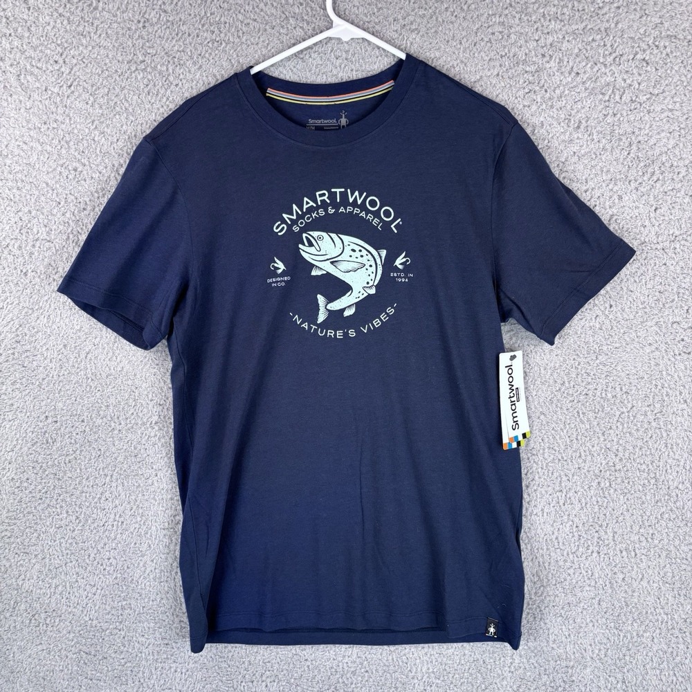 Smartwool T-Shirt Mens Medium Deep Navy Trout Graphic Tee Short Sleeve New w/Tag